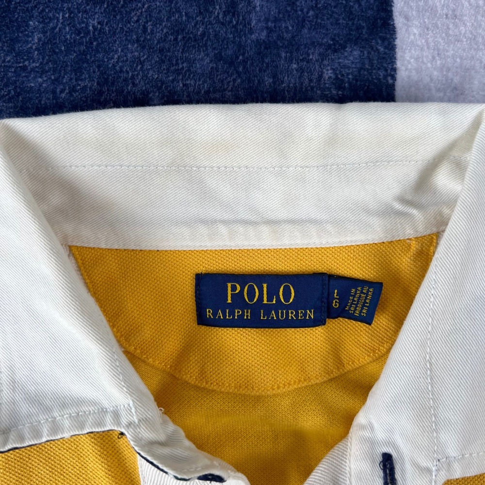 Polo Ralph Lauren Mens Large Yellow Rugby Polo Shirt Kicker Embroidered Stripe - Picture 3 of 7